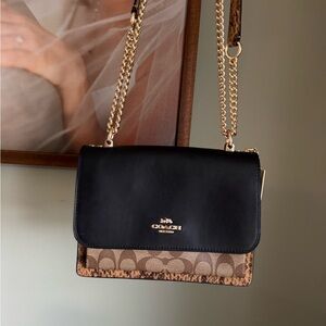 COACH Klare Snake Skin Two-Tone Signature Chain Shoulder Bag in Black and Tan